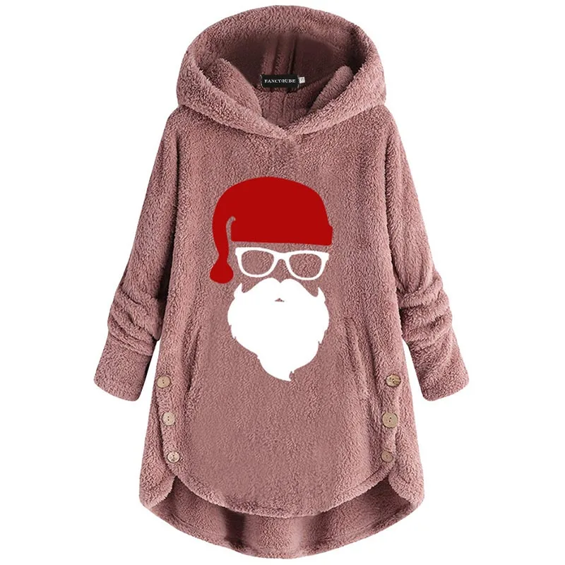 W35533PK Sudaderas de mujer, Рождественский свитер размера плюс для женщин, плюшевый пуловер на пуговицах, топы с капюшоном, шерсть, Санта Клаус, свободная одежда - Цвет: W35533PK