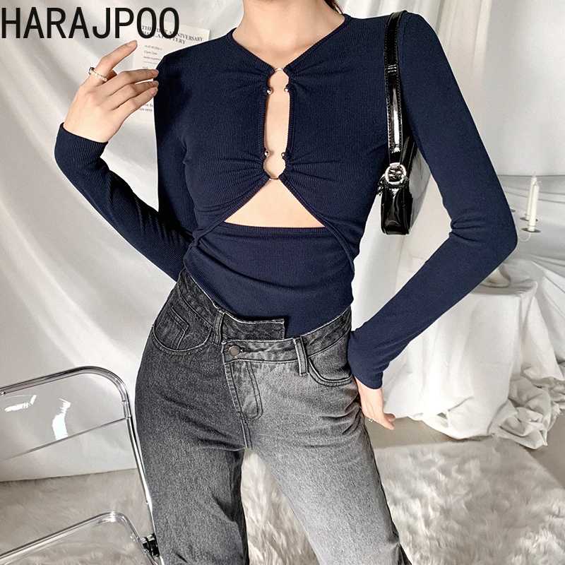 Женская готическая рубашка HARAJPOO черная Облегающая с длинным рукавом V-образным