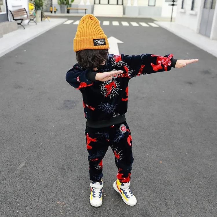 Комплекты детской одежды, спортивная одежда для мальчиков 2, 4, 6, 8 лет, комплект из двух предметов с капюшоном и принтом «Человек-паук», зимний утепленный бархатный костюм золотистого цвета для мальчиков, Рождественский наряд