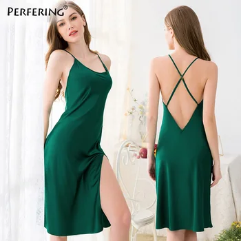 

Perfering Ladies Sexy Night Dress Cross the back Imitation Silk Satin Sleeveless Nighties V-neck Nightgown Sleepwear for Women