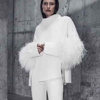 

Z-zoux Women Sweater Furry Patchwork Turtleneck Pullover Sweters Casual Vintage White Knitting Tops Turtleneck Sweters 2020 New