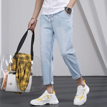 

Blue jeans 2019 spring Harlan style men's denim pants summer thin section tide elastic waist drawstring loose youth men's jeans