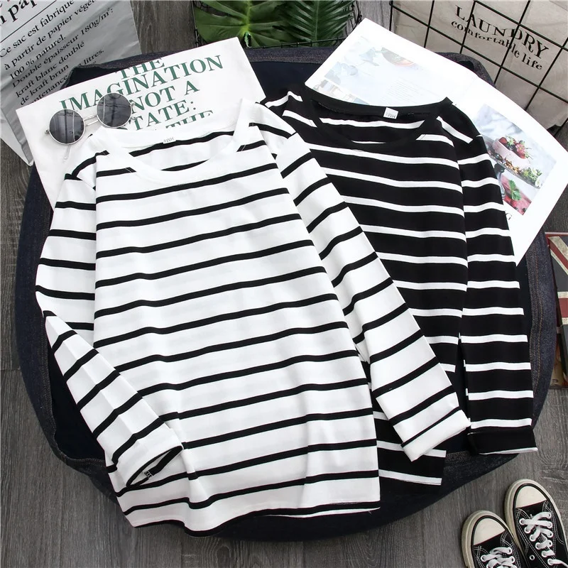 

Women Autumn Shirt Loose T-Shirts O Collar Summer Stripes Print Loose Long Sleeve Casual New Shirt All-match Tops