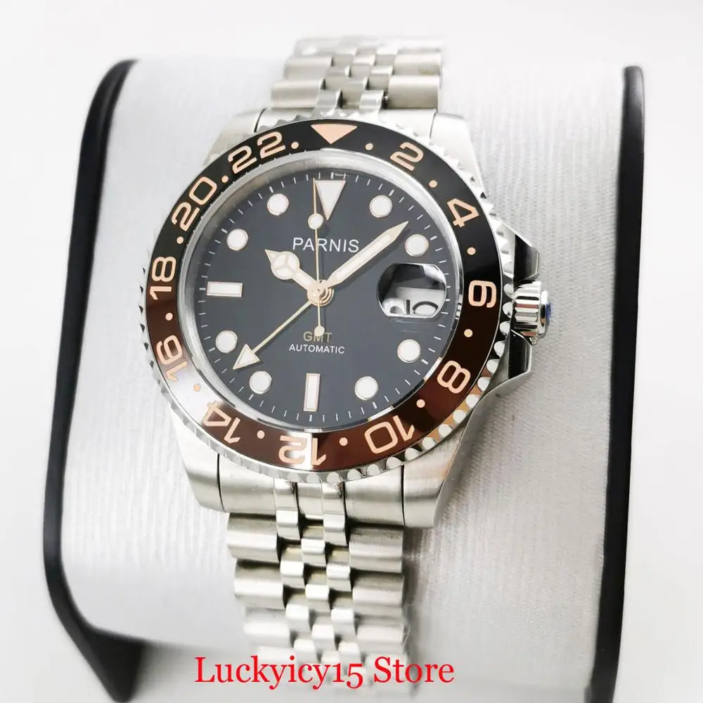 

PARNIS Luxury Men Gift Wristwatch Date Window Sapphire Glass 40mm Silver Watch GMT Function Mental Bracelet