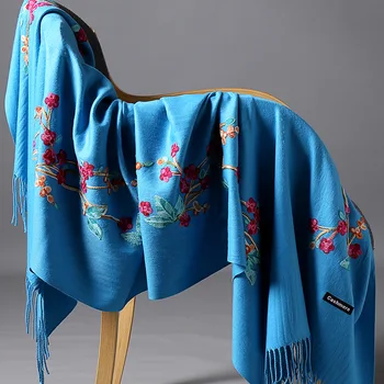 

Plus Size New Winter Warm Solid Scarf For Women/Lady Soft Cashmere Pashmina Shawls Flower Embroidery Cashmere Female Wraps Capes