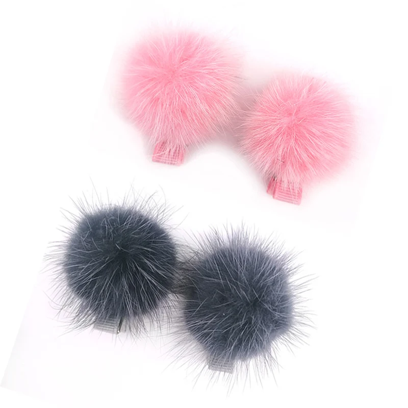 gray pink Детские заколки из натурального меха норки с помпонами для девочек, детские заколки для волос, аксессуары для волос, заколки с помпонами для девочек, детские школьные подарки - Цвет: gray pink