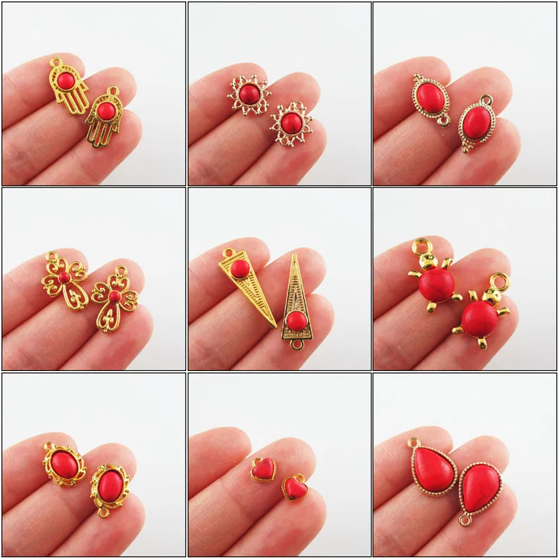 

New Flower Heart Teardrop Animal Cross Palm Red Turquoise Stone Charms Gold Color Pendants Retro