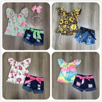 

Summer sweet fashion girls Tee jeans shorts children girl's casual boutique outfit set free shipping