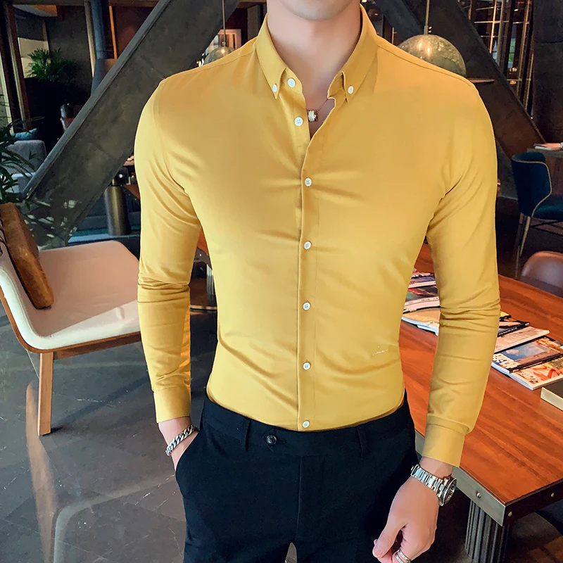 Мужская рубашка в британском стиле; сезон осень-зима; Camisa Slim Fit Hombre; однотонные простые мужские рубашки с длинными рукавами; Высококачественная официальная одежда для мужчин; s
