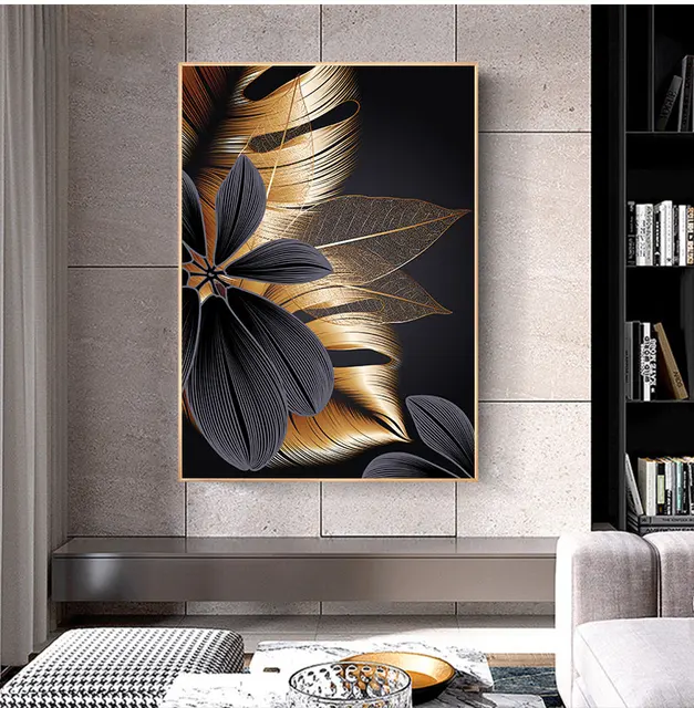 Art Painting Nordic Living Room Decoration Picture Black Golden Plant Leaf Canvas Poster Print Modern Home Decor Abstract Wall 5