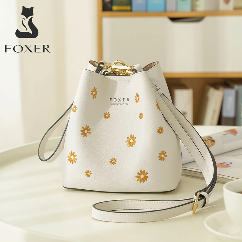 FOXER женская маленькая сумка ведро из коровьей кожи модная с подсолнухом мини