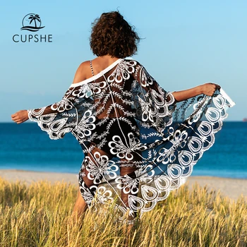 

CUPSHE Black Boho Half Sleeve Bikini Cover Up Sexy Swimsuit Beach Kimono Women 2020 Summer Bathing Suit Beachwear Tunic Shirt