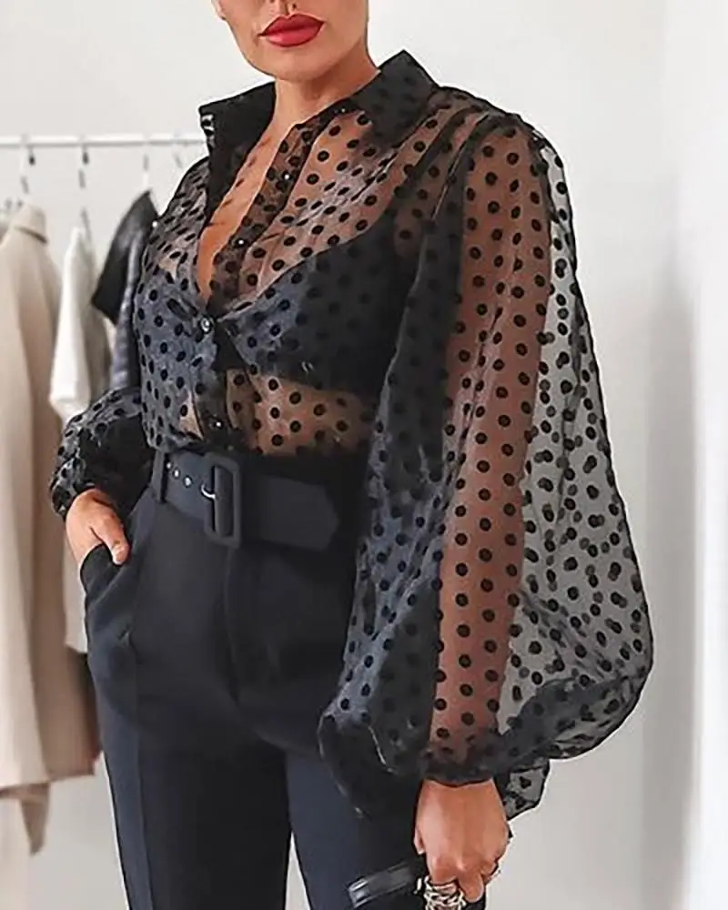 

New Fashion Women's Summer Casual Shirt Perspective Black Pink White Lace Mesh Blouse Female Dot Casual Autumn Tops Outwear