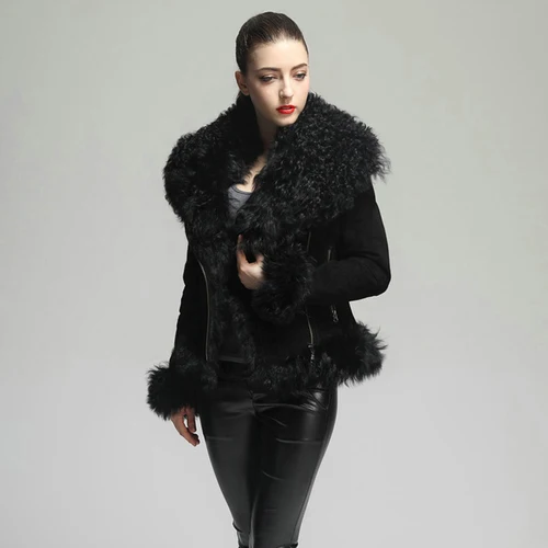 rf1923B Genuine Leather Suede Real Sheep Fur Coat Woman Fashion Winter Natural Fur Jacket for Ladies - Цвет: Черный