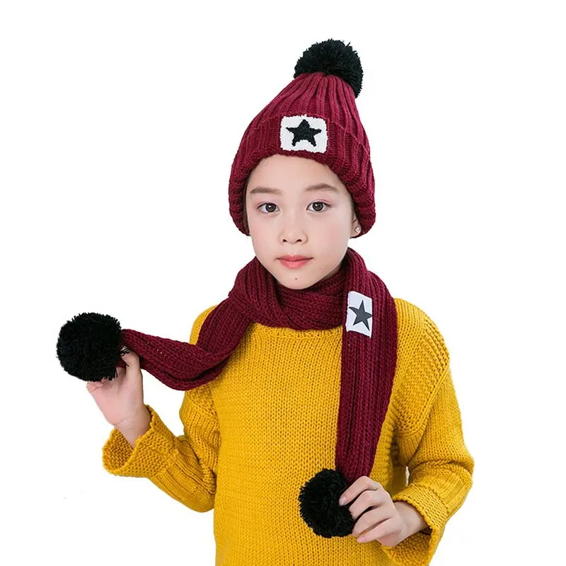 Wine Red Лидер продаж, детские вязаные шапочки и наборы шарфов Hailball Beanies, вязаные детские зимние комплекты из 2 предметов, зимние шапки для детей, зимняя шапка - Цвет: Wine Red