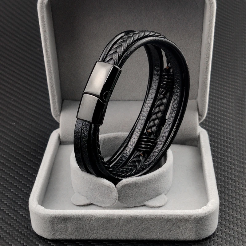 Bracelet Jewelry Boho Personalized Men's Family Name Bracelet Black Cross Woven Leather With Stainless Steel Charm