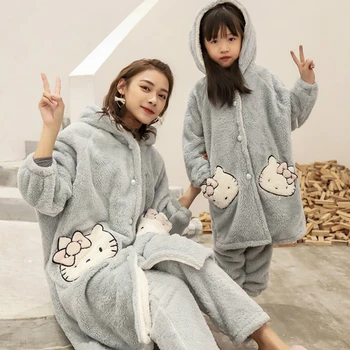 

Winter Pajama Sets Girls Thick Plush Helloo Kitty Cute Cartoon Pajamas with Hooded Loungewear Long Sleeve Warm Sleepwear Pj Set