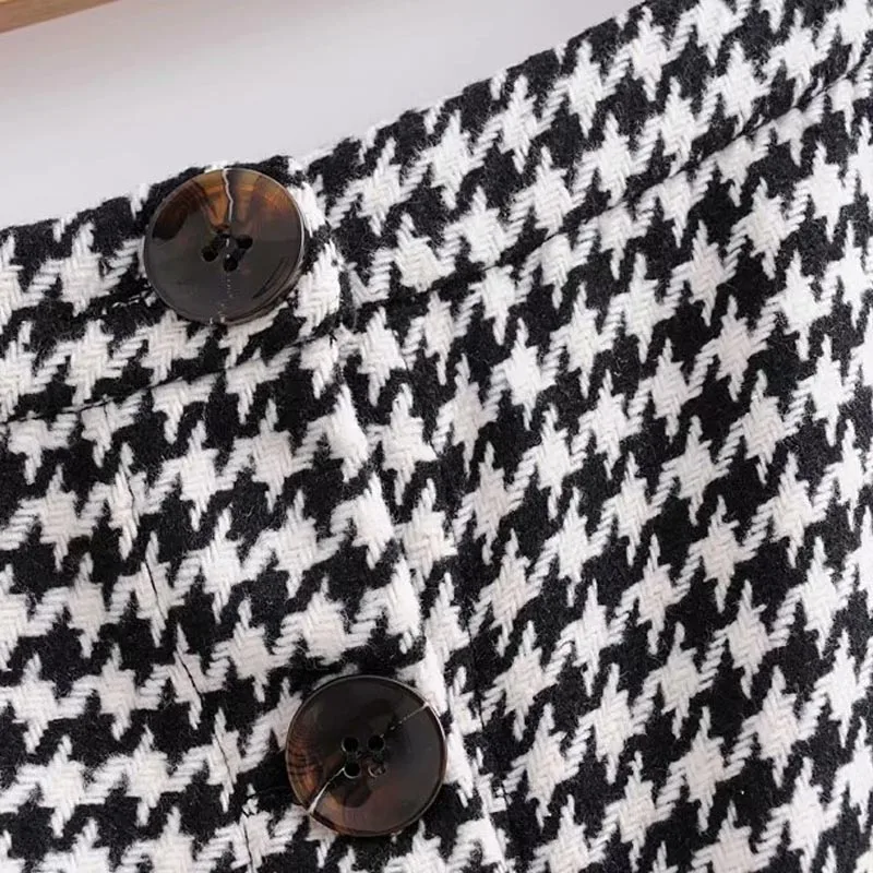 QZ807 Autumn Women's Front Split Buttons Deco Houndstooth Pattern Pencil Skirt Saias
