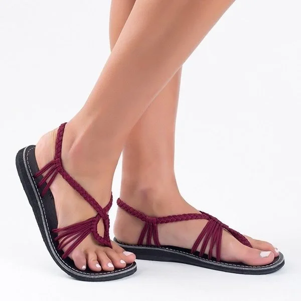 

2019 AliExpress Foreign Trade Europe And America Hot Selling Hand Knitted Linen Flower Color Large Size Sandals Women's Flat Hee