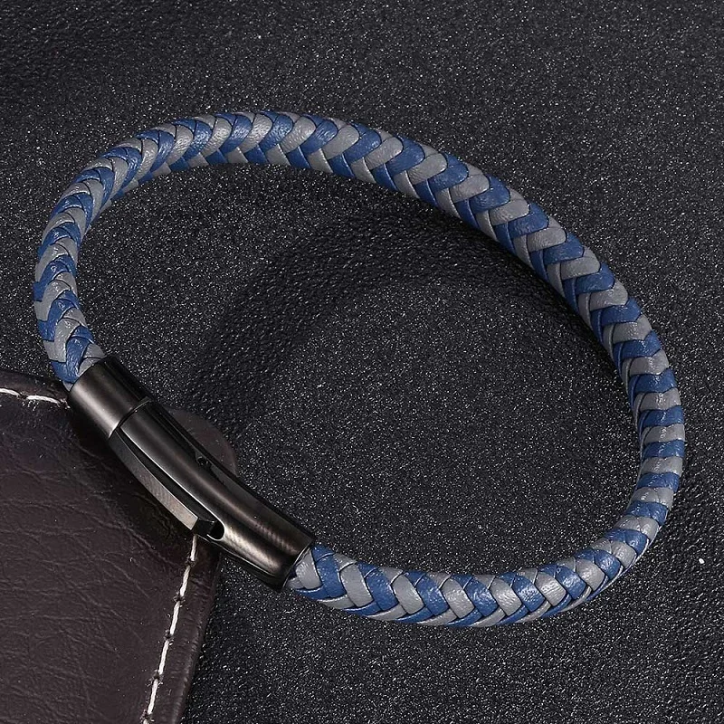 

Simple Blue Gray Leather Mix Braided Bracelets Unisex Fashion Stainless Steel Snaps Weave Bracelet Male Jewelry Gifts ST0456