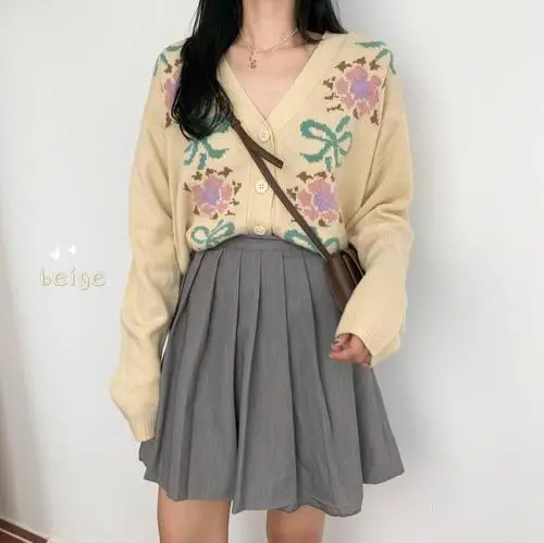 Apricot Neploe цветочный принт v-образный вырез вязаный длинный женский кардиган рукав тонкий свитер Топы однобортный короткий Трикотаж Пальто 54538 - Цвет: Apricot