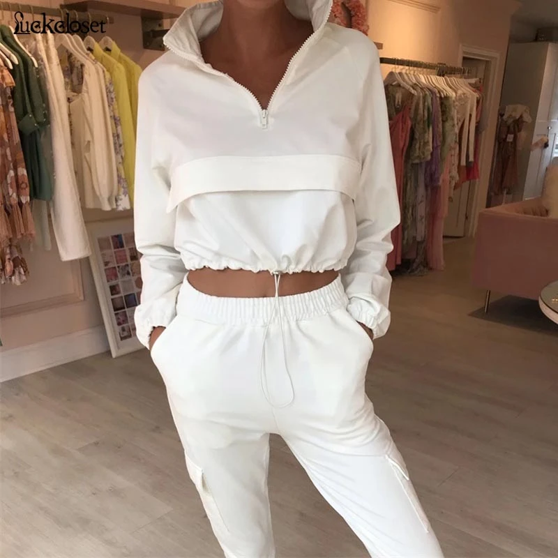 

2 Piece Set Women Suit Workout Clothes Long Sleeve Turn Down Collar Sweatshirt +Drawstring Pants Set 2 Piece Outfits For Women