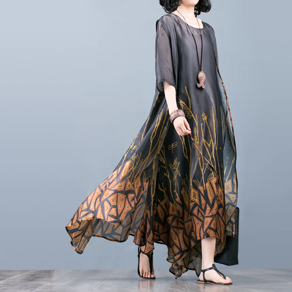 

2020 National Style Women Loose Silk Print Long Bobe Summer Cardigan Vest Irregular Base Long Dress Two Pieces Large Size Women