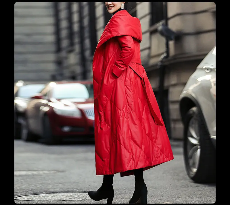 Novmoop американская уличная женская зимняя черная красная Овчина натуральная кожа с капюшоном длинный пуховик со съемными поясами LT2944