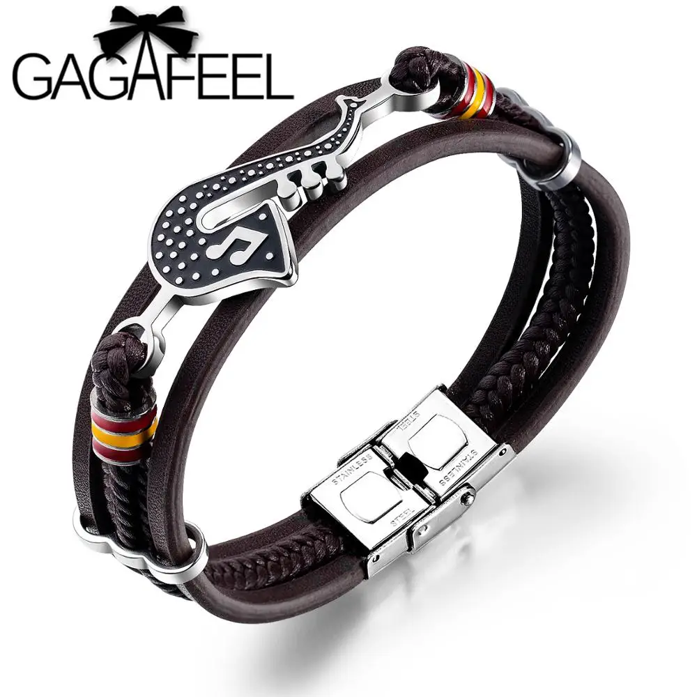 GAGAFEEL винтажный саксофон браслет персонализированные Многослойные плетеные кожаные веревки цепи из нержавеющей стали браслет любителей музыки подарок