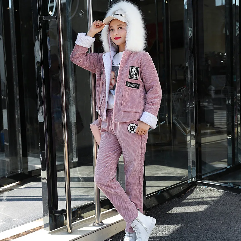 

Winter Corduroy Warm Thicken Two Piece Set 2020 New Fashion Women's Set Thick Fur Collar Jacket + Long Pants Student Casual Suit