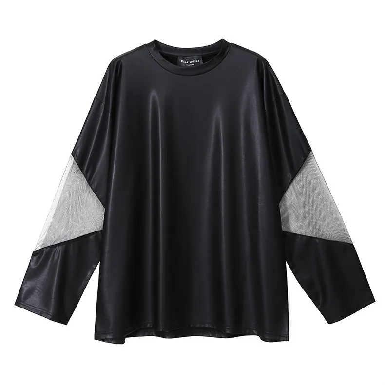 black tshirt Женская осенне-зимняя длинная Плиссированная юбка из искусственной кожи с высокой талией, свободная модная уличная юбка с поясом в стиле панк - Цвет: black tshirt