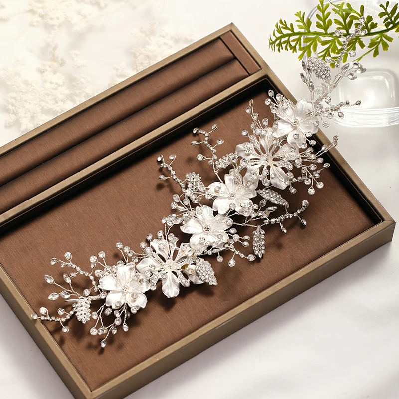 Wedding Headband Silver Color crystal Tiara Handmade Bride Headdress Flower Leaf Hair Jewelry Headband Bride Hair Accessories hair accessory hair headdress bridal headwear