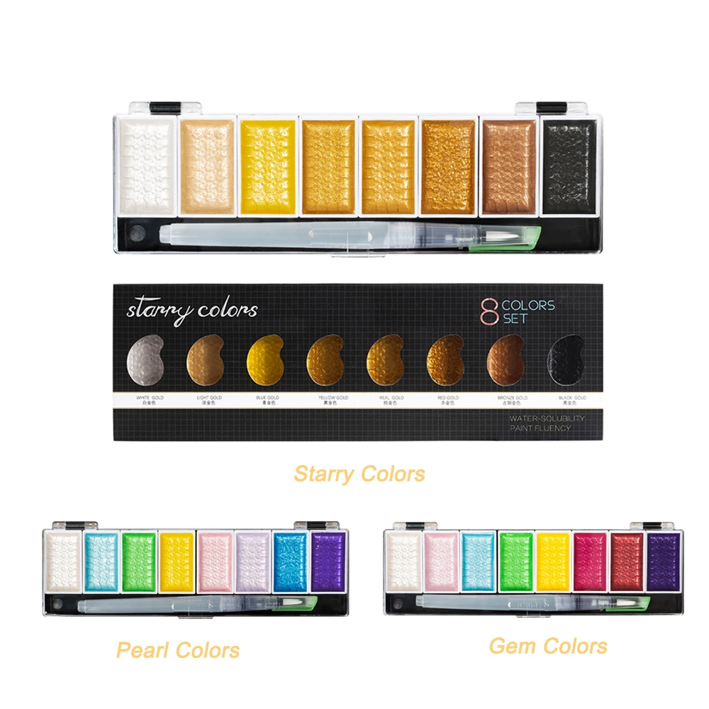 

Premium 5/8 Colors Metallic Gold Pigment Paint Set Solid Water Color with Waterbrush for Painting Watercolors paint Art Supplies