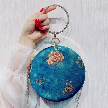 

Embroidery Flower Foral Design Women PU Leather Circular Evening Clutches Bags Ring Handle Party Minaudiere Handbags Purse Bolso