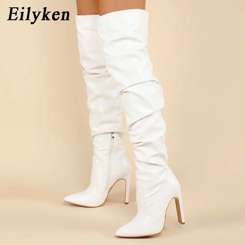 Women High Heel Boots Eilyken Pleated Thigh High Boots Fashion Pointed Toe Zip Female Stiletto Square Heels Design