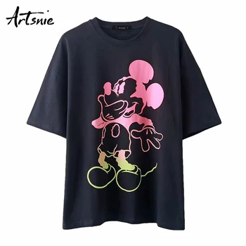 

Artsnie cartoon print black t shirt women summer 2020 o neck short sleeve tops female streetwear casual tee girls loose t-shirt