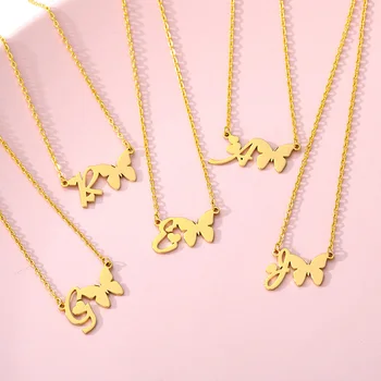 

Cute Big Butterfly Necklace Pendant Stainless Steel Gold Color Optional A-Z Letters Choker Necklace Women Fashion Gifts
