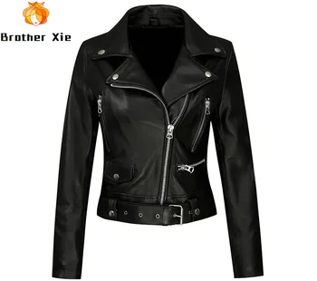 

2020 New Faux Soft Leather Women Jacket Black Pu Leather Punk Motorcycle Lady Slim Turndown Collar Biker Jacket Outerwear