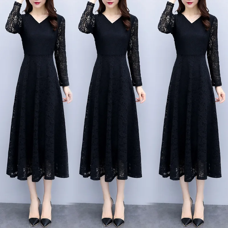 

Spring And Autumn Long Sleeve Lace V-neck Dress Mid-length 2019 New Style Autumn Clothing Women's Slimming Skirt Elegant Long Sk