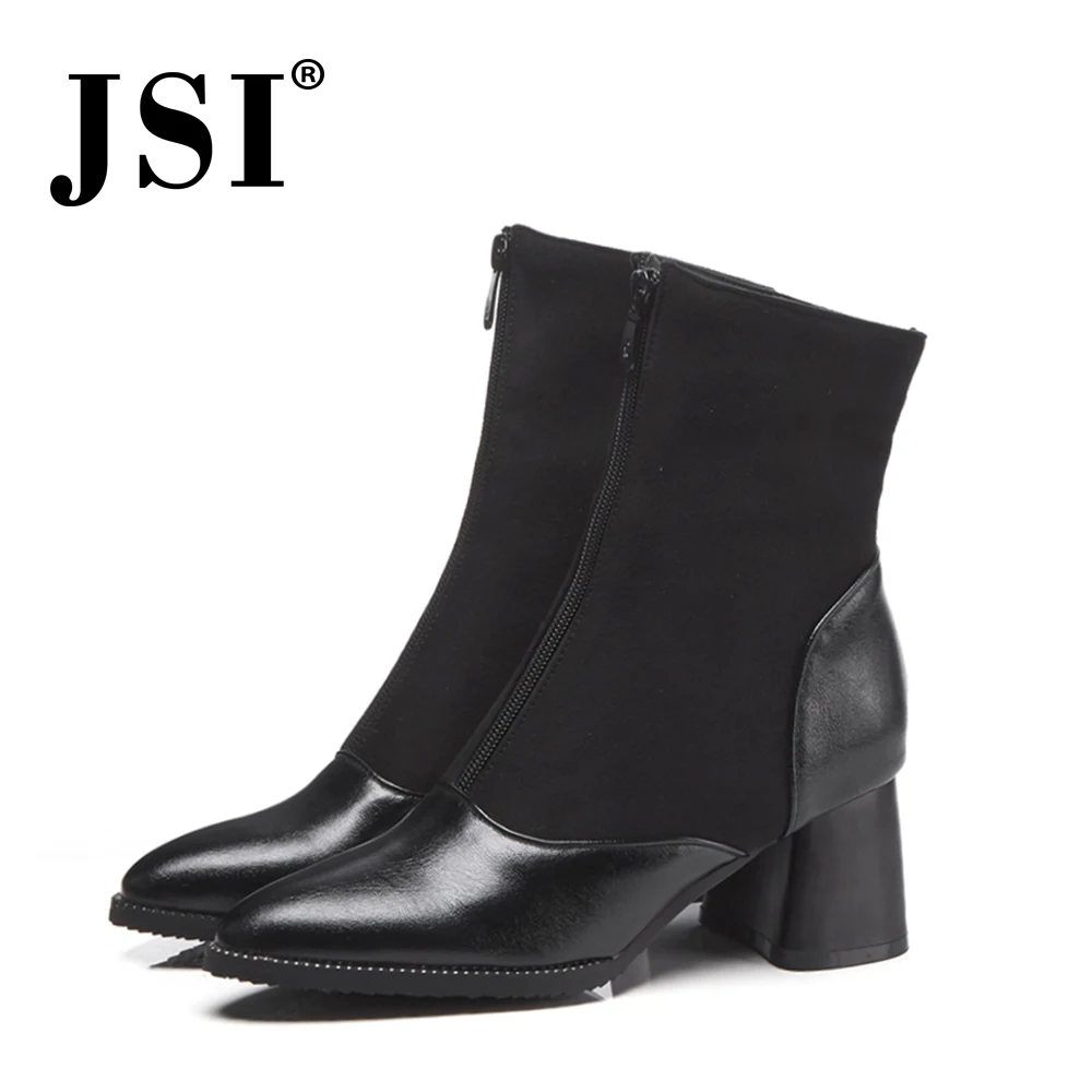 JSI/женские ботинки; обувь до середины икры с острым носком из микрофибры на квадратном каблуке; однотонные зимние классические ботинки ручной работы на молнии на высоком каблуке для женщин; je77