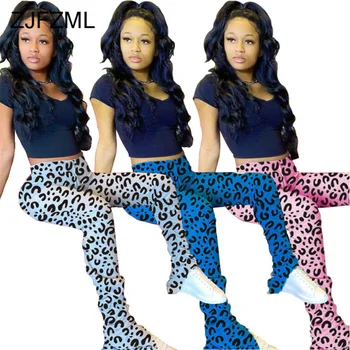 

Cheetach Leopard Print Stacked Sweatpant Women Elastic High Waist Pleated Flare Pant Summer Split Hem Bodycon Club Party Trouser