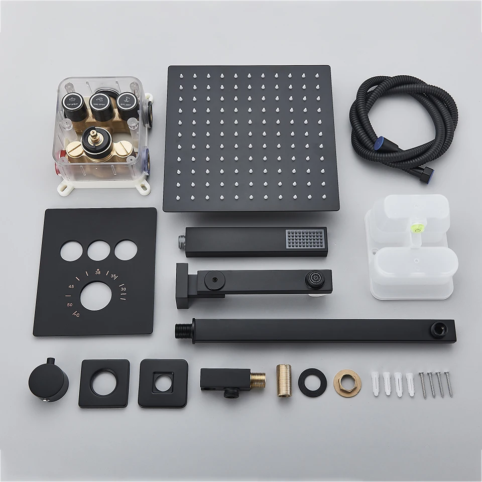 Luxury Black Thermostatic Bathroom Shower Faucet Rainfall Shower Head Wall Mounted Bathtub Mixer Tap Bath Set Wall bathroom faucet,bathroom shower faucet set,thermostatic mixing valve