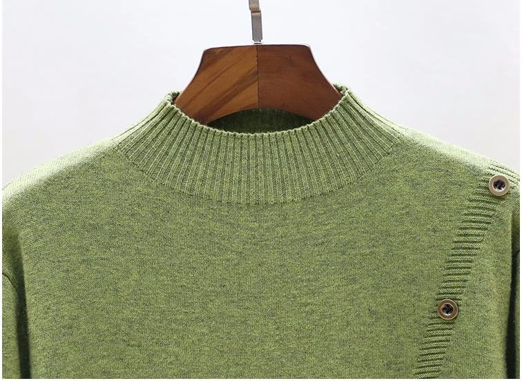 Женский Длинный свитер с высоким воротником, базовый пуловер, Свободные корейские однотонные пуговицы для свитера, Вязаный топ с карманами, Осень-зима