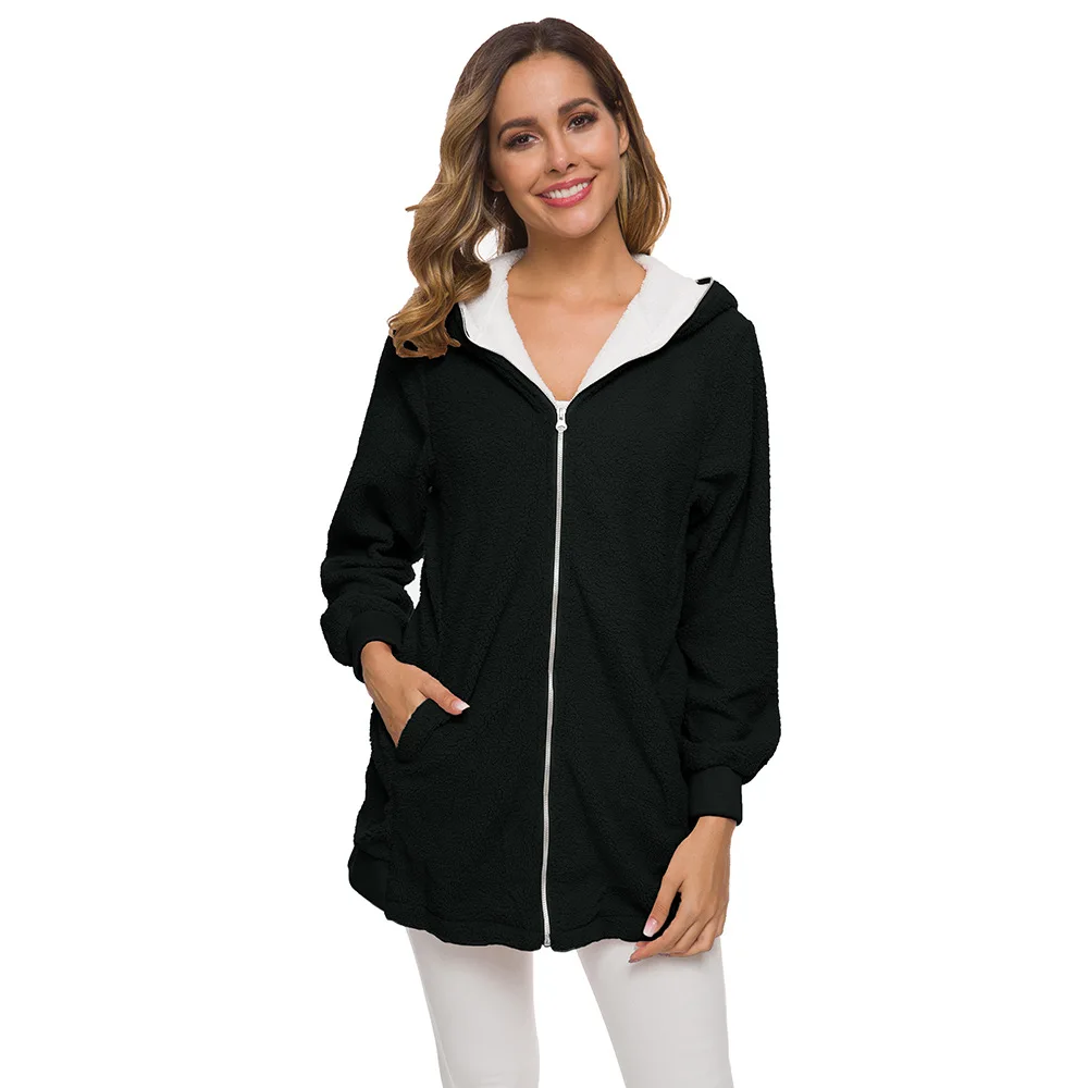 SWIMMART S-5XL, зимнее теплое флисовое пальто с мехом, Женская куртка с длинным рукавом и капюшоном из искусственной овечьей шерсти, верхняя одежда размера плюс, пальто - Цвет: Black