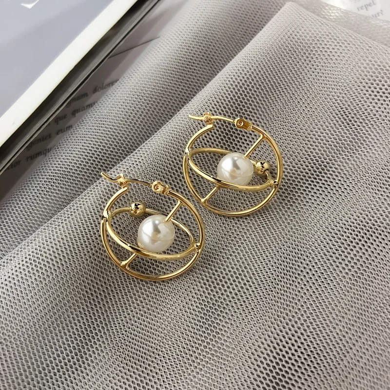 Корейские золотые серьги с жемчугом, дизайнерские геометрические серьги, модные классические женские серьги