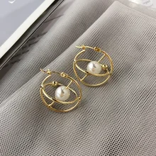 Корейские золотые серьги с жемчугом, дизайнерские геометрические серьги, модные классические женские серьги
