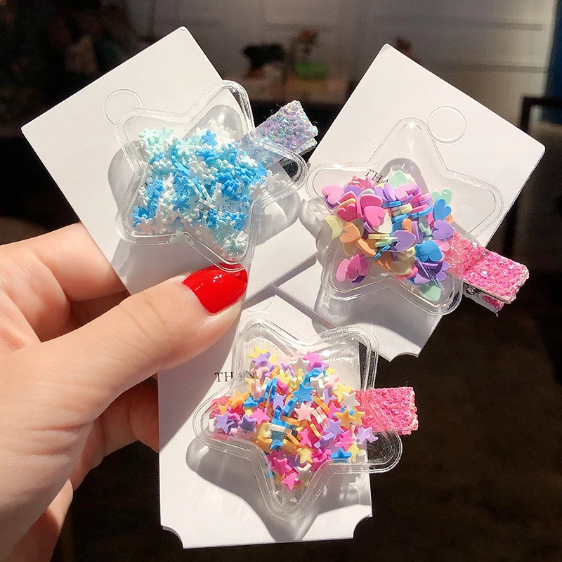 Cute Children Hair Clips Transparent Shiny Sequins Hairpins Stars Heart Geometric Barrettes Hairgrips Girls Princess Headwear