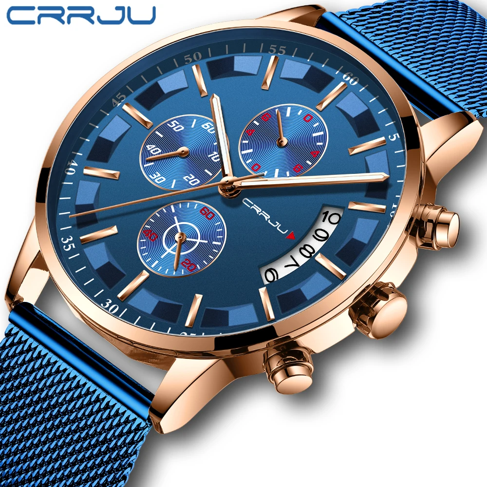 

Men Stylish Watches CRRJU Brand Casual Business Watch Waterproof Sports Watch Men's Casual Mesh Strap Quartz Clock reloj hombre