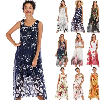 

New Summer 2020 Casual Women Sexy Dress O-neck Printed Sleeveless Tank Dress Long Summer Boho Dress Big Swing Chiffon Vestidos