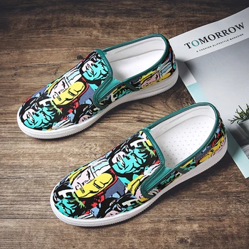 

Xpay Fashion Mens Cloth Shoes Hand Painted Canvas Shoes Light Peas Shoes Loafers Flats Shoes Slip-on Driving Shoes Printed Shoes